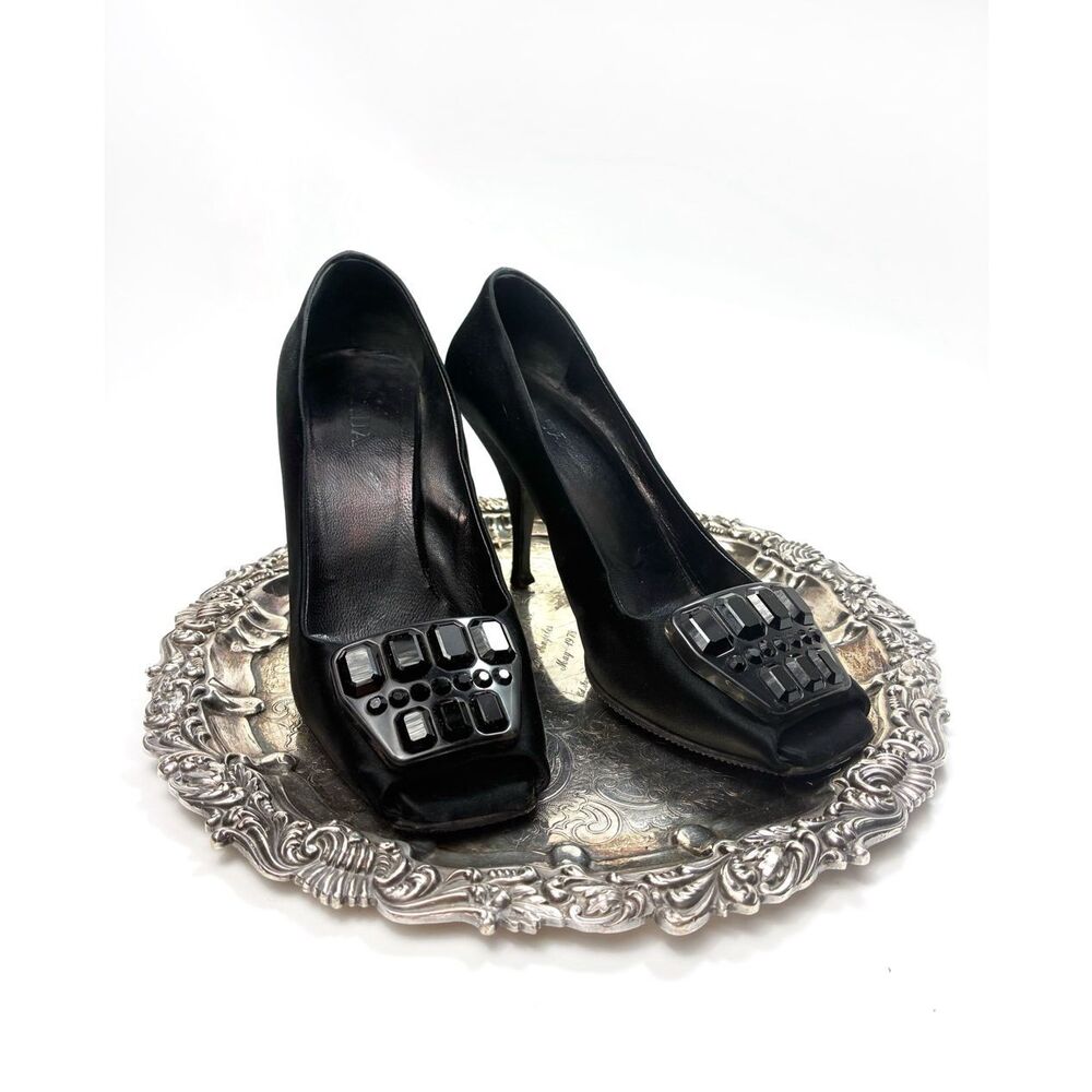 Vintage Prada Black Silk Embellished Peeptoe Court Heels Sz 37.5 (with flaw)